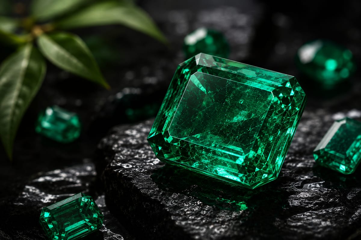 A large emerald-cut natural emerald — EmeraldVault's flagship gemstone — resting on dark stone, surrounded by smaller certified stones